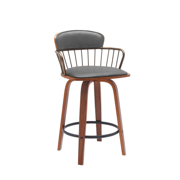 Wiz 26 Inch Counter Stool Chair, Slatted, Gray Faux Leather, Walnut Brown - BM304931