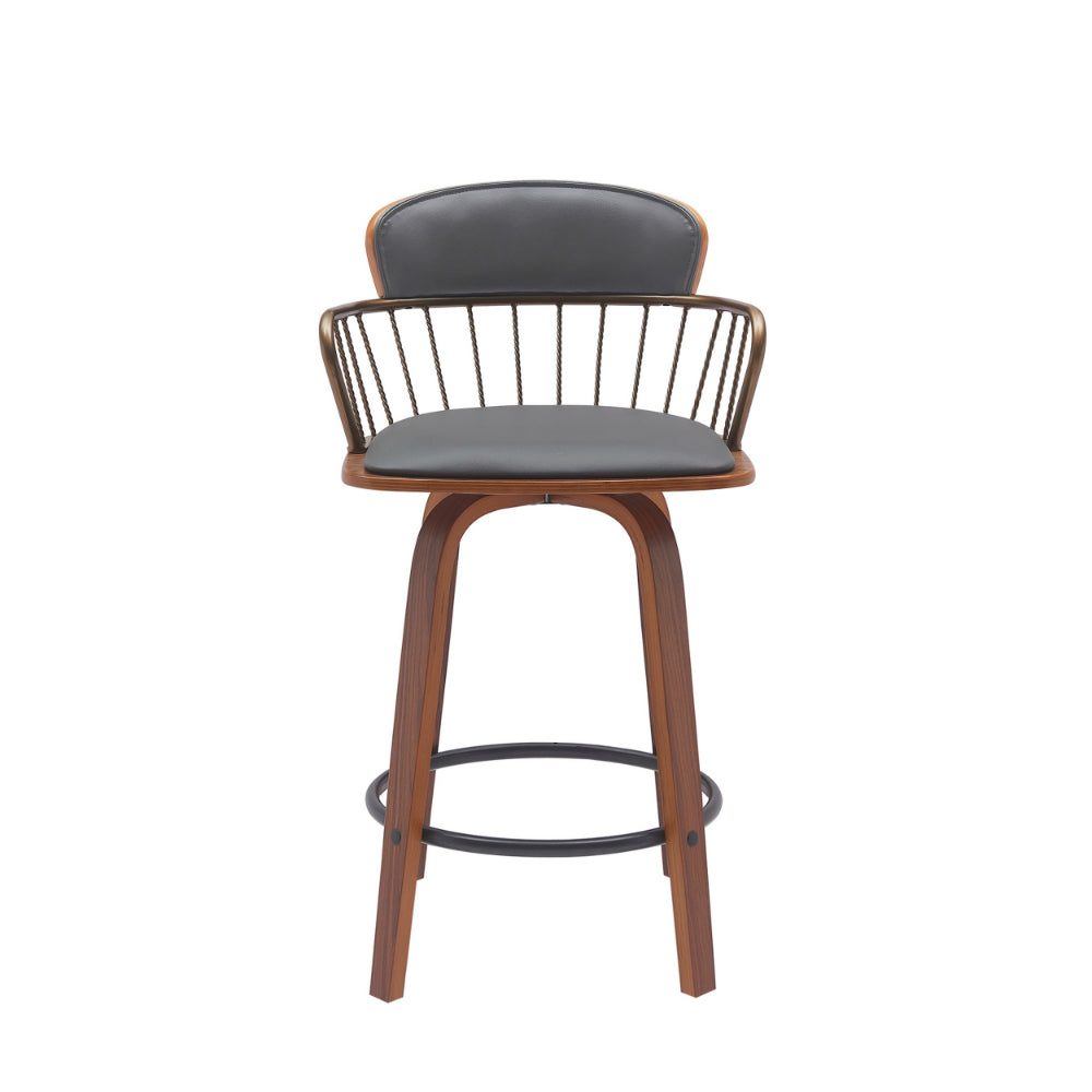 Wiz 26 Inch Counter Stool Chair, Slatted, Gray Faux Leather, Walnut Brown - BM304931