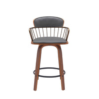 Wiz 26 Inch Counter Stool Chair, Slatted, Gray Faux Leather, Walnut Brown - BM304931