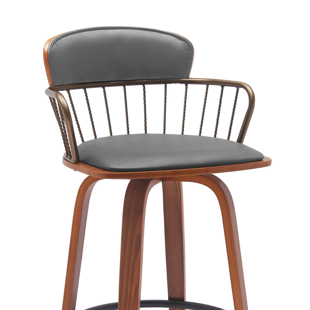 Wiz 26 Inch Counter Stool Chair, Slatted, Gray Faux Leather, Walnut Brown - BM304931