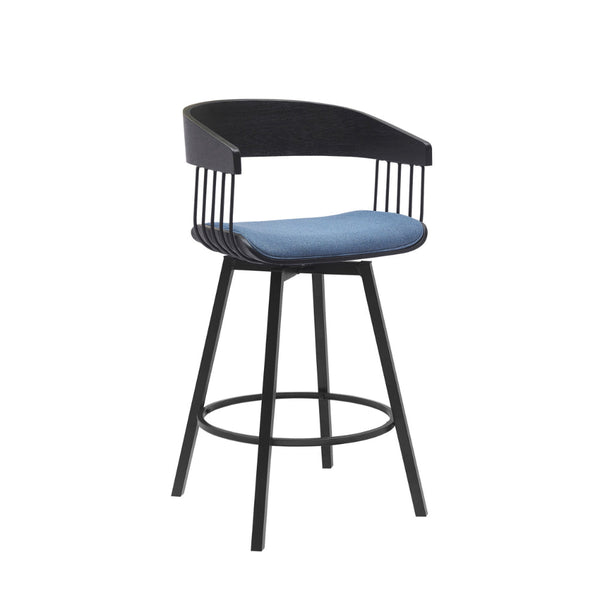 Vera 27 Inch Swivel Counter Stool Chair, Black Open Back, Soft Blue Fabric - BM304944