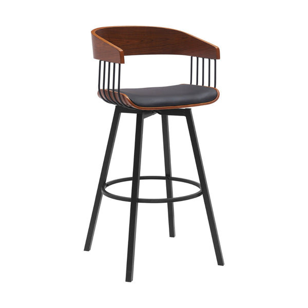 Vera 31 Inch Swivel Barstool Chair, Curved Open Back, Walnut Brown, Black - BM304954