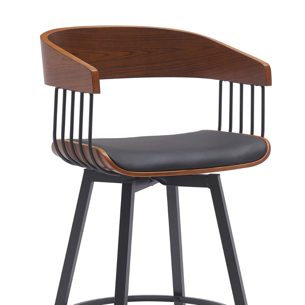 Vera 31 Inch Swivel Barstool Chair, Curved Open Back, Walnut Brown, Black - BM304954