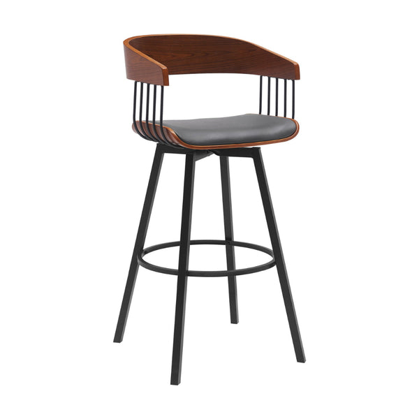 Vera 31 Inch Swivel Barstool Chair, Curved Open Back, Walnut Brown, Gray - BM304956