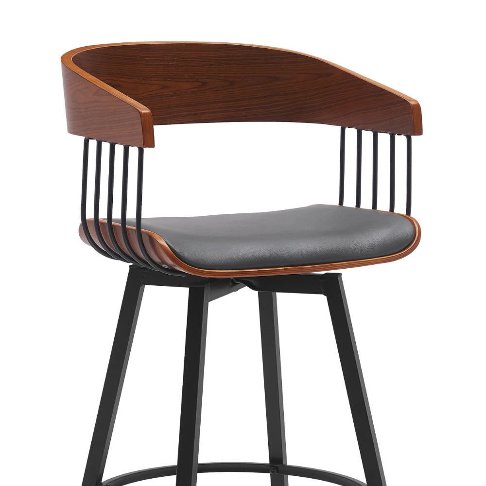 Vera 31 Inch Swivel Barstool Chair, Curved Open Back, Walnut Brown, Gray - BM304956