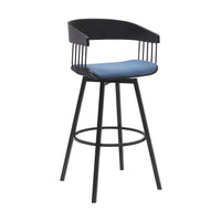 Vera 31 Inch Swivel Barstool Chair, Curved Back, Black, Light Blue Fabric - BM304959