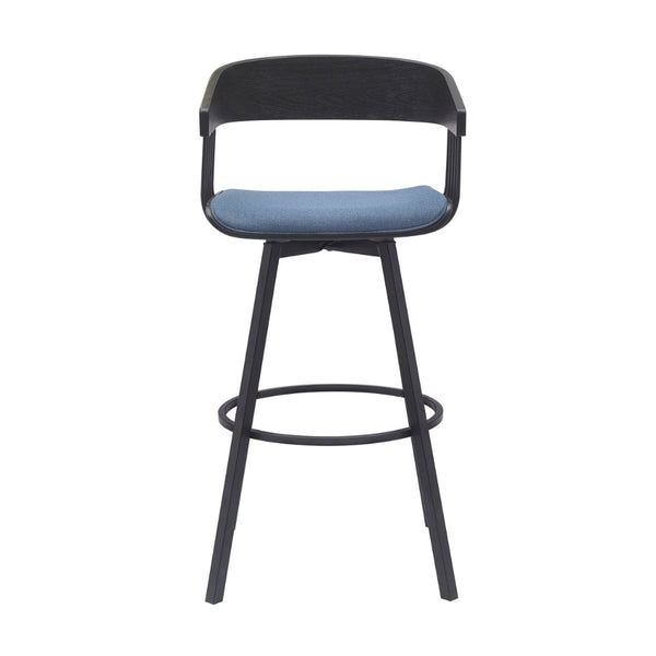 Vera 31 Inch Swivel Barstool Chair, Curved Back, Black, Light Blue Fabric - BM304959