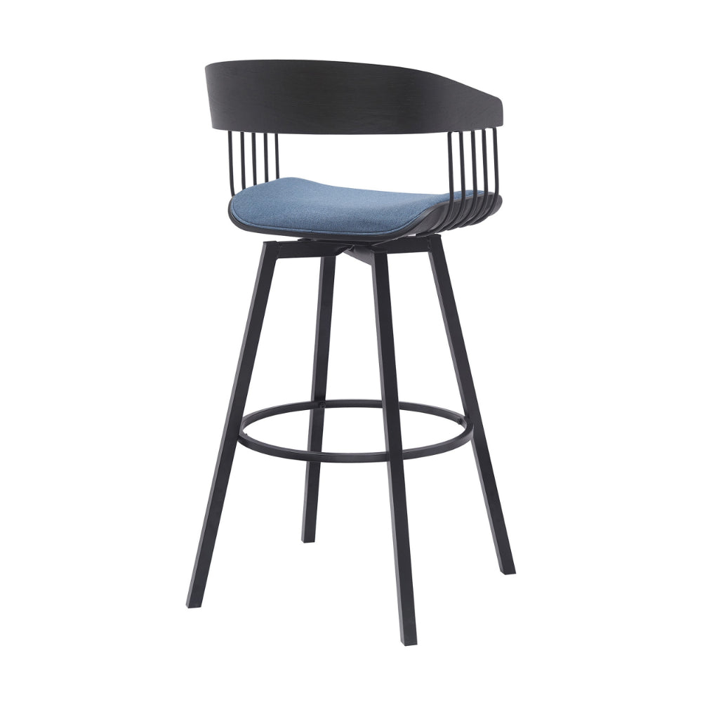 Vera 31 Inch Swivel Barstool Chair, Curved Back, Black, Light Blue Fabric - BM304959