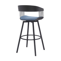 Vera 31 Inch Swivel Barstool Chair, Curved Back, Black, Light Blue Fabric - BM304959