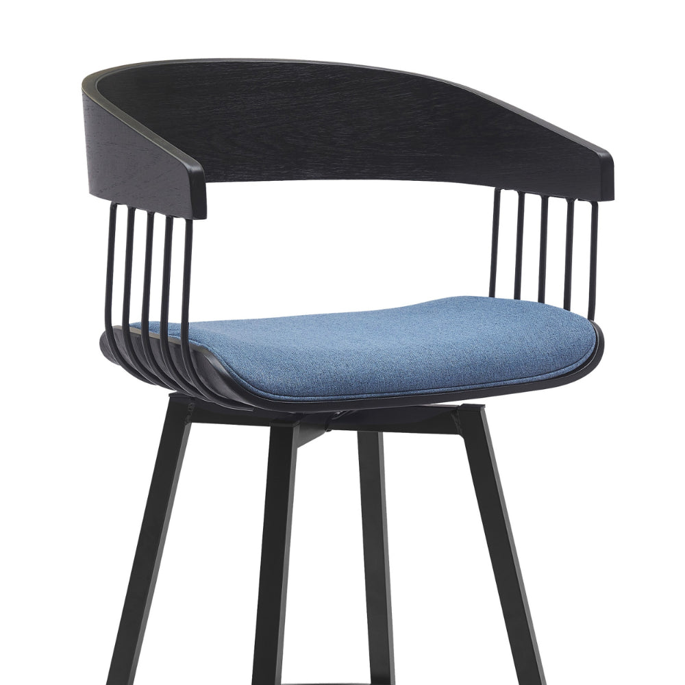 Vera 31 Inch Swivel Barstool Chair, Curved Back, Black, Light Blue Fabric - BM304959