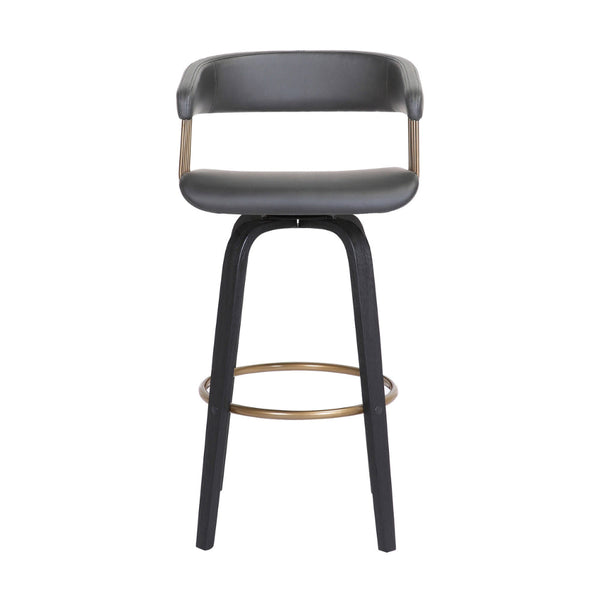 Maya 26 Inch Swivel Counter Chair, Gray Faux Leather, Bronze, Black Wood - BM304962
