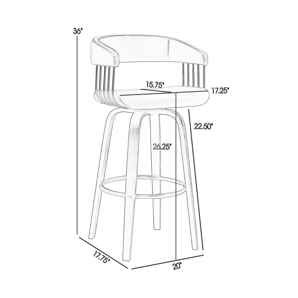 Maya 26 Inch Swivel Counter Chair, Gray Faux Leather, Bronze, Black Wood - BM304962