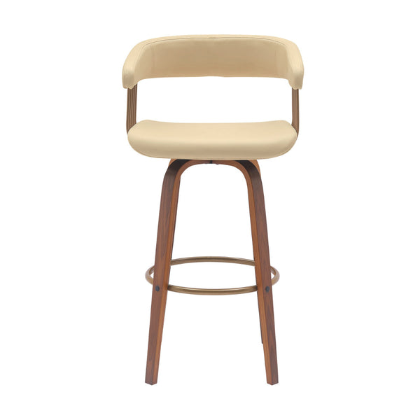 Maya 31 Inch Swivel Barstool Chair, Cream Faux Leather, Bronze Walnut Brown - BM304964