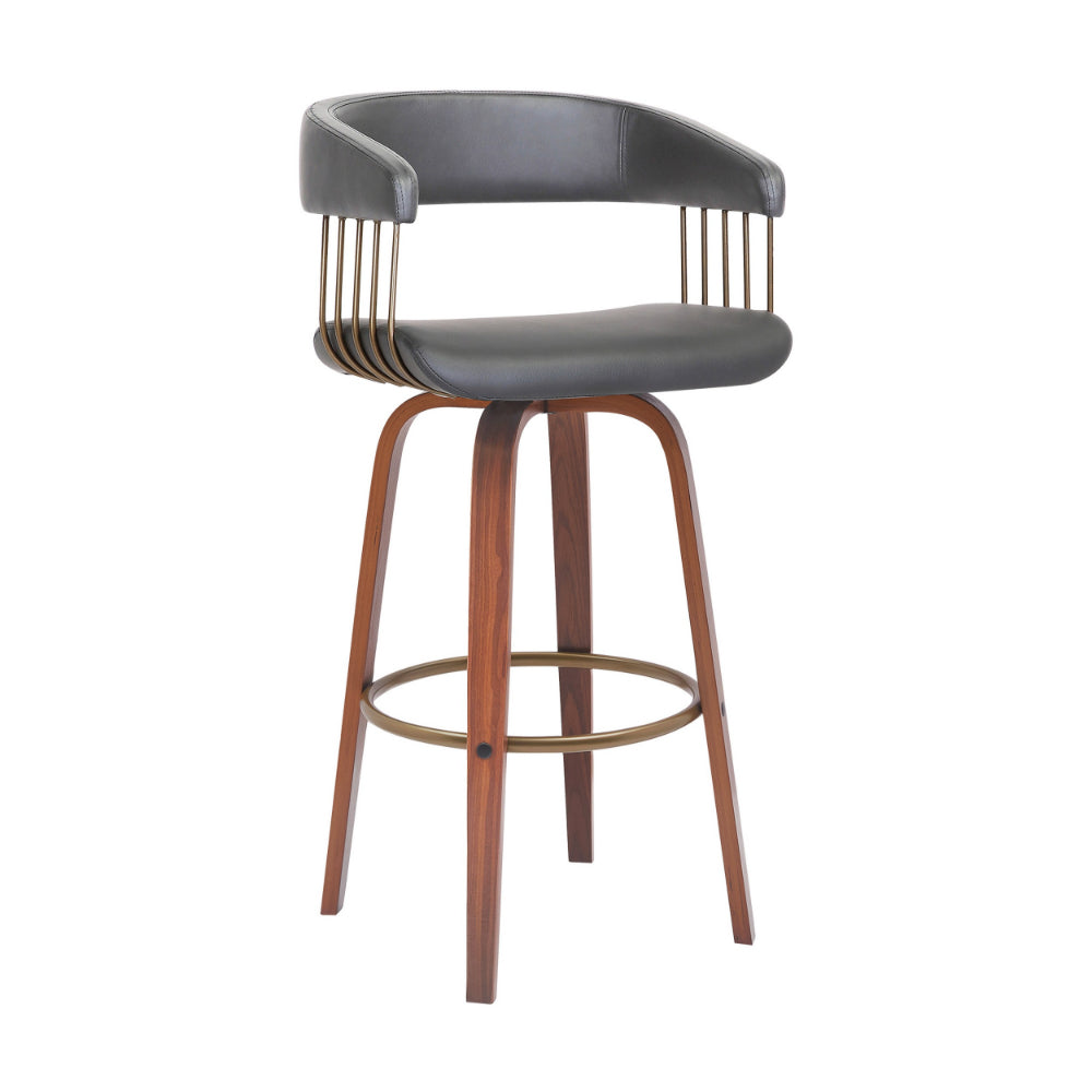 Maya 31 Inch Swivel Barstool Chair, Gray Faux Leather, Bronze, Walnut Brown - BM304965