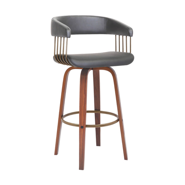 Maya 31 Inch Swivel Barstool Chair, Gray Faux Leather, Bronze, Walnut Brown - BM304965