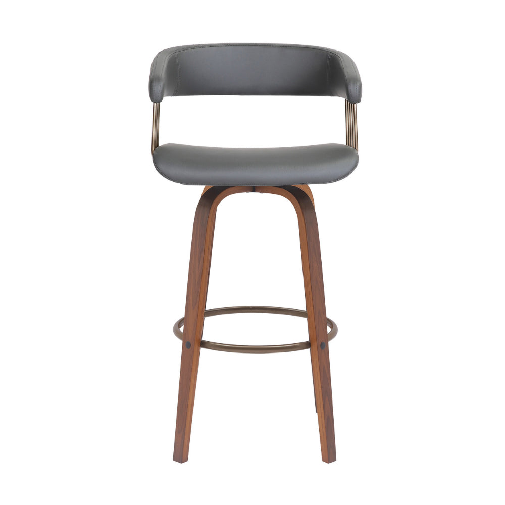 Maya 31 Inch Swivel Barstool Chair, Gray Faux Leather, Bronze, Walnut Brown - BM304965