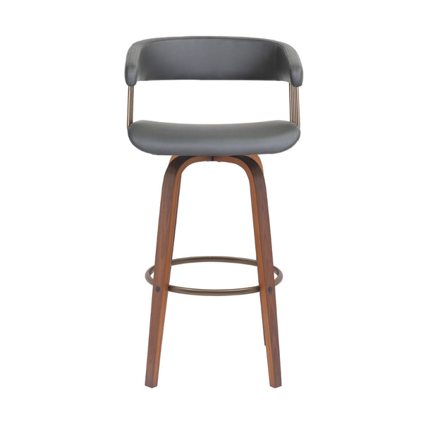 Maya 31 Inch Swivel Barstool Chair, Gray Faux Leather, Bronze, Walnut Brown - BM304965