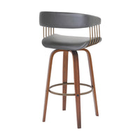 Maya 31 Inch Swivel Barstool Chair, Gray Faux Leather, Bronze, Walnut Brown - BM304965