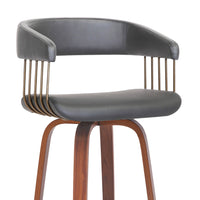 Maya 31 Inch Swivel Barstool Chair, Gray Faux Leather, Bronze, Walnut Brown - BM304965