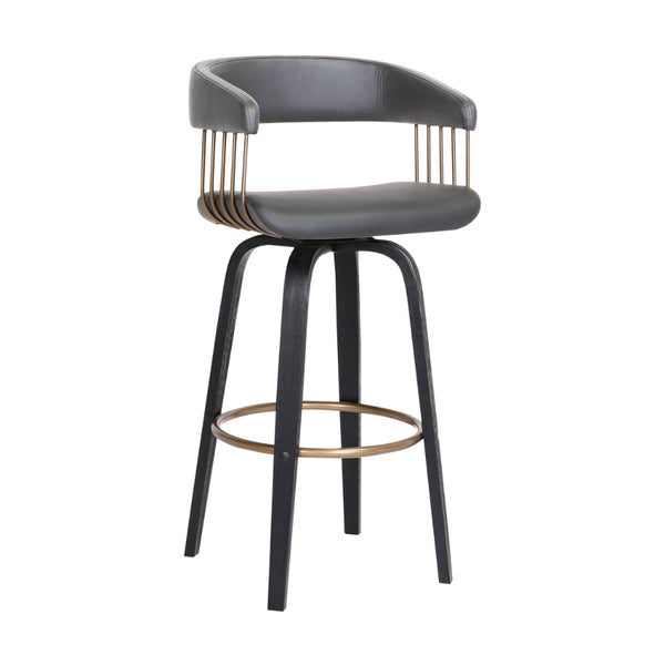 Maya 31 Inch Swivel Barstool Chair, Gray Faux Leather, Bronze, Black Wood - BM304966