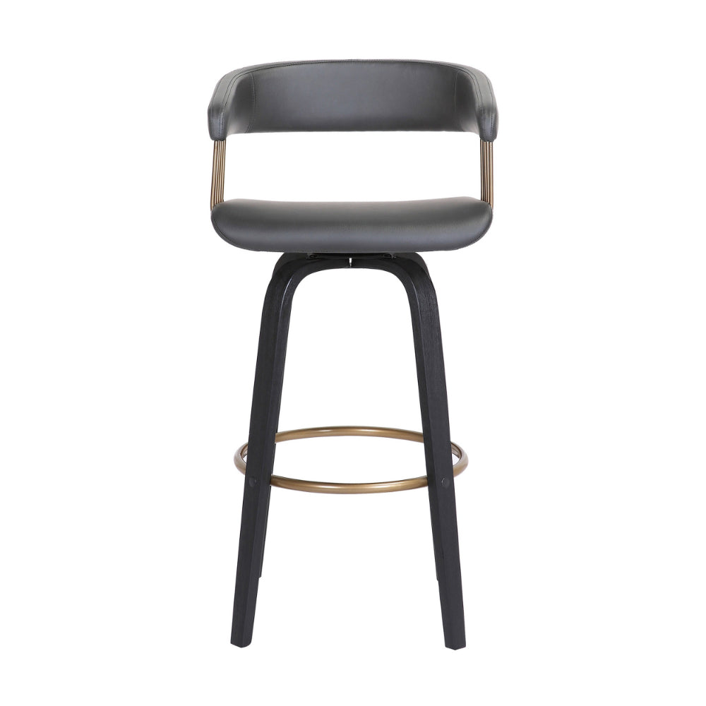 Maya 31 Inch Swivel Barstool Chair, Gray Faux Leather, Bronze, Black Wood - BM304966