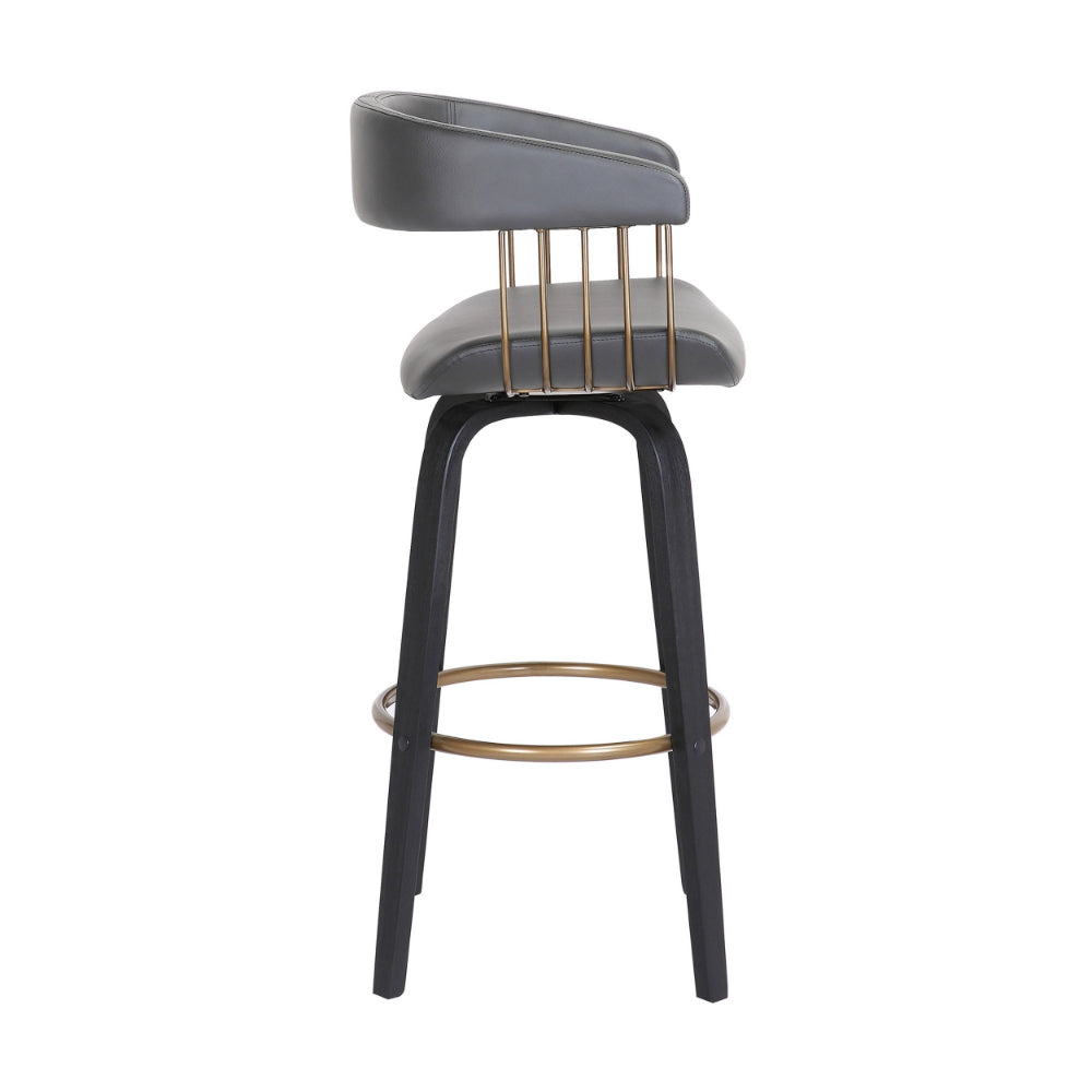 Maya 31 Inch Swivel Barstool Chair, Gray Faux Leather, Bronze, Black Wood - BM304966