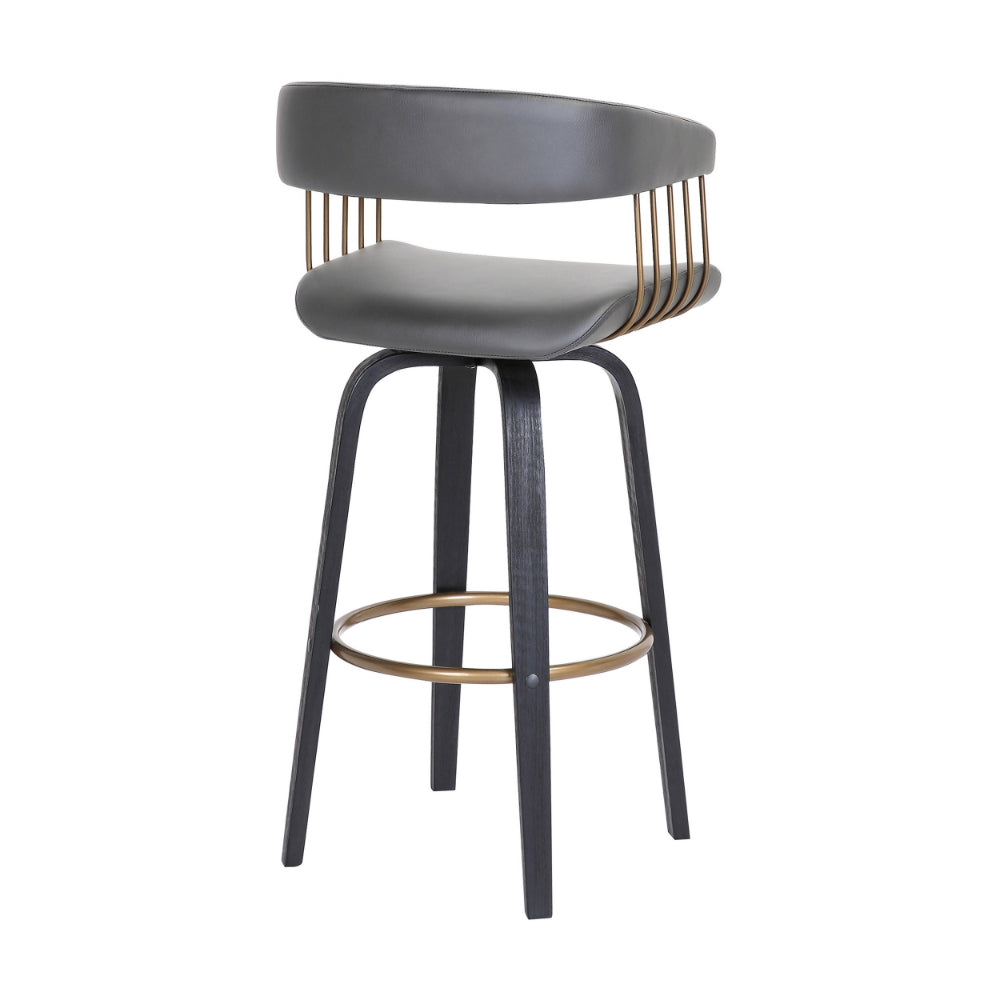 Maya 31 Inch Swivel Barstool Chair, Gray Faux Leather, Bronze, Black Wood - BM304966