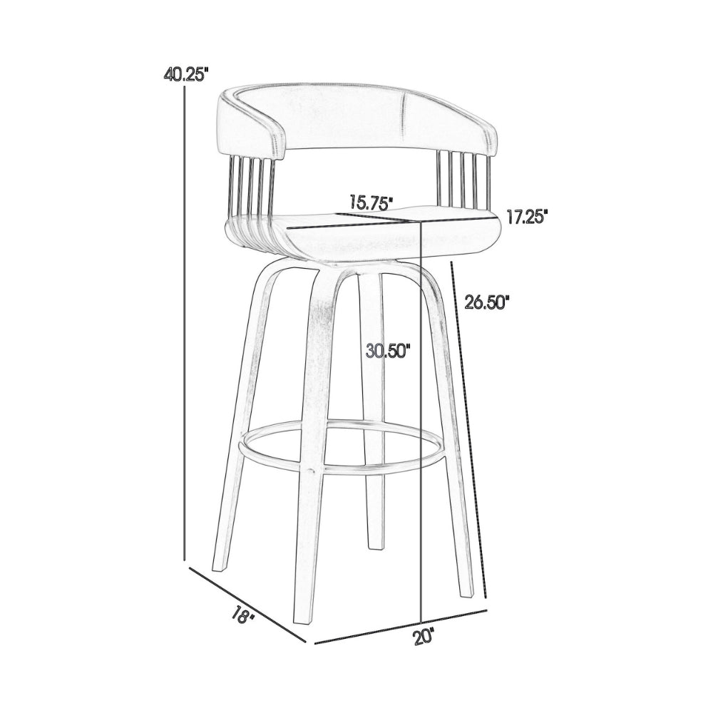Maya 31 Inch Swivel Barstool Chair, Gray Faux Leather, Bronze, Black Wood - BM304966