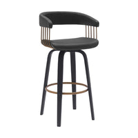 Maya 31 Inch Swivel Barstool Chair, Black Faux Leather, Bronze Metal Slats - BM304967