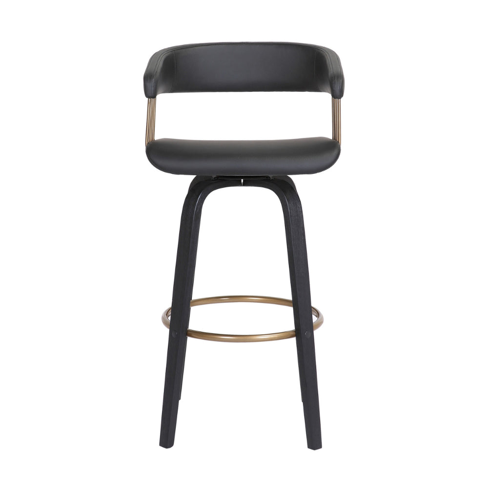 Maya 31 Inch Swivel Barstool Chair, Black Faux Leather, Bronze Metal Slats - BM304967