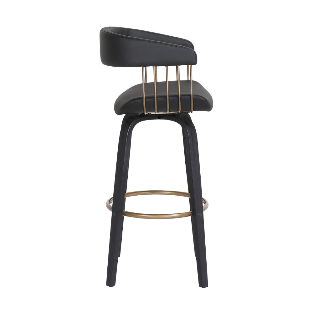 Maya 31 Inch Swivel Barstool Chair, Black Faux Leather, Bronze Metal Slats - BM304967