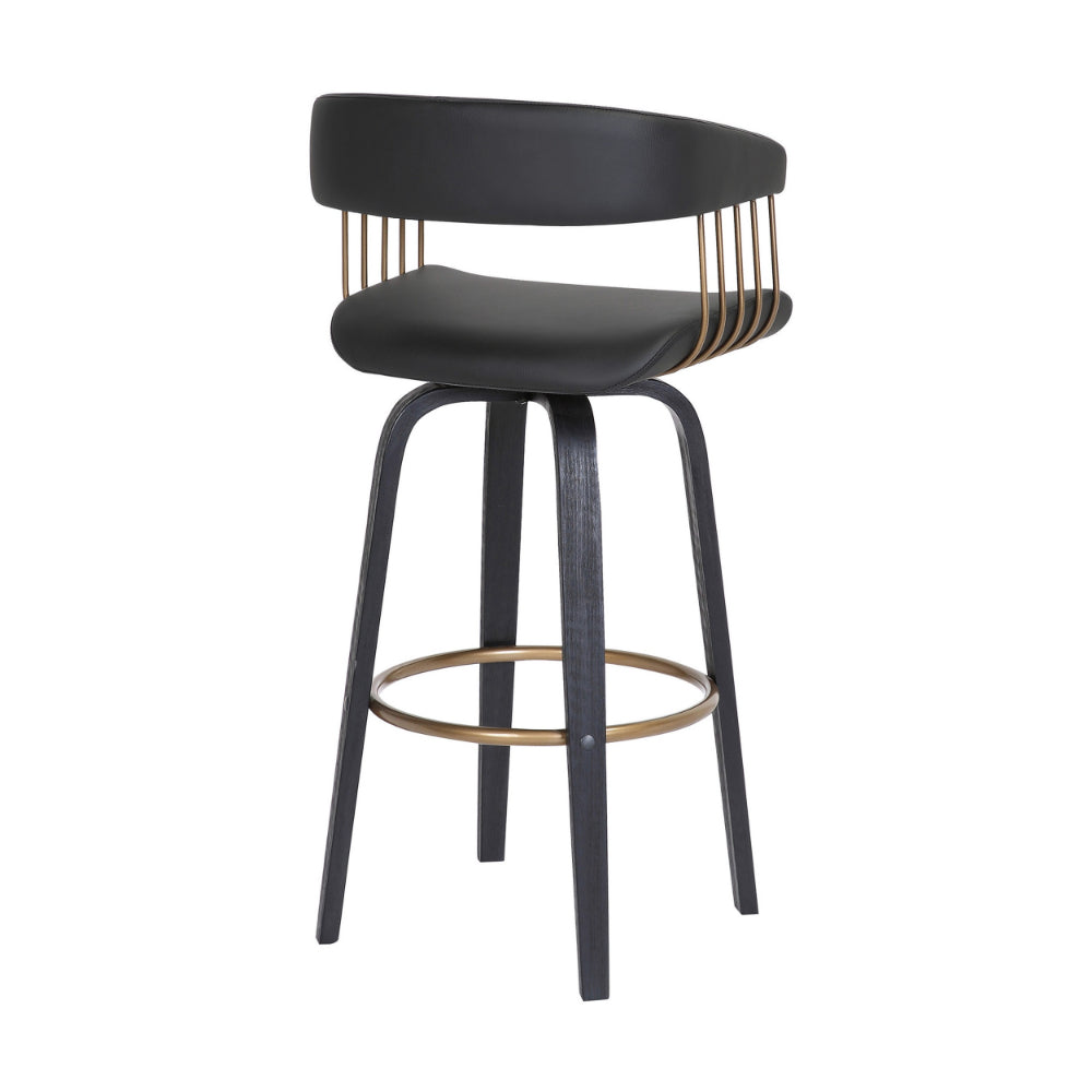 Maya 31 Inch Swivel Barstool Chair, Black Faux Leather, Bronze Metal Slats - BM304967