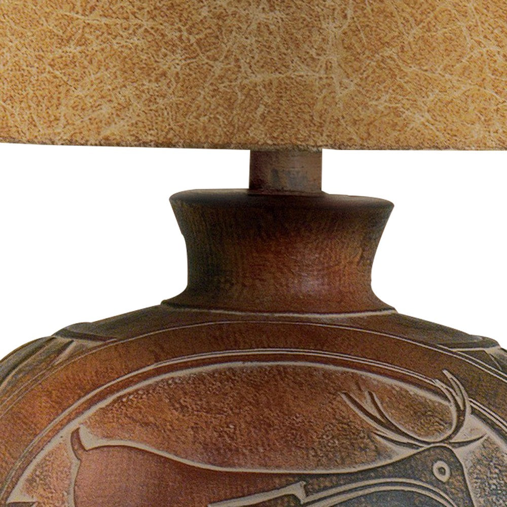 Siya 26 Inch Table Lamp, Urn Shaped Base, Deer Carvings, Black, Brown  - BM304982