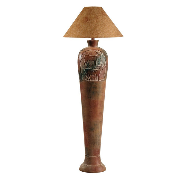Siya 62 Inch Elongated Floor Lamp, Extra Tall, Deer Carvings, Brown, Black - BM304984