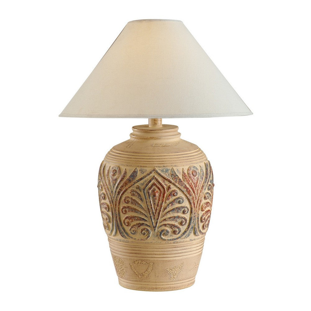 Tia 29 Inch Table Lamp, Conical Shade, Urn Shape, Damask Pattern, Beige - BM304998