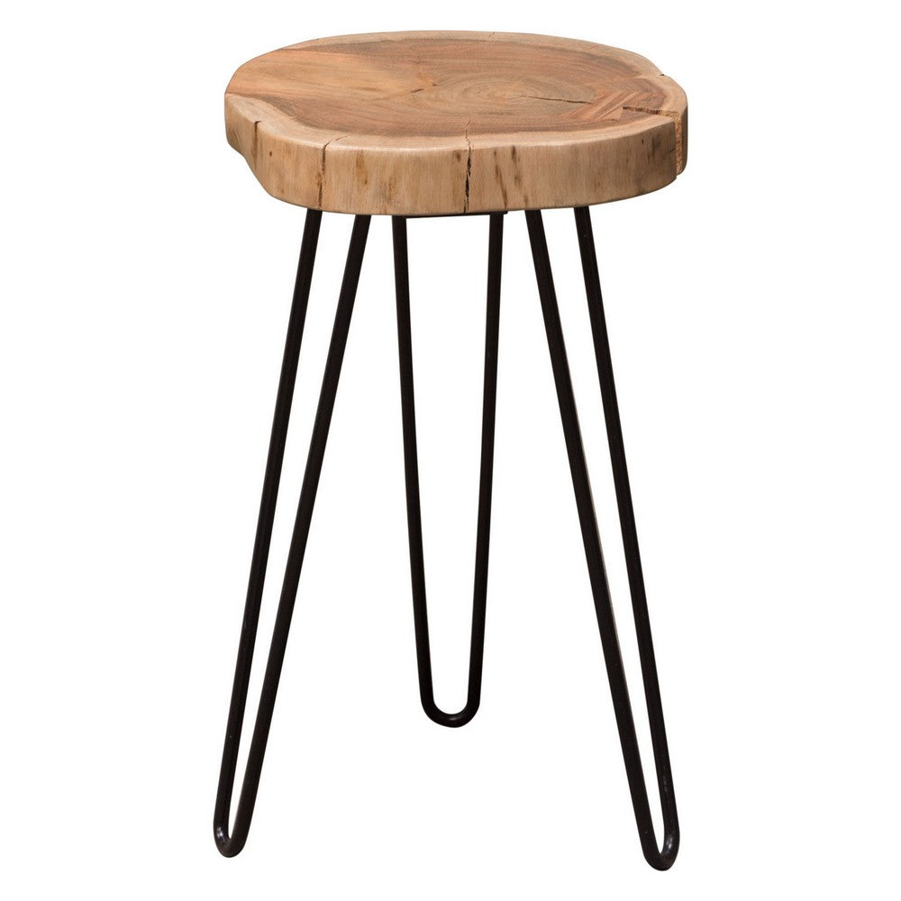 23 Inch Side End Table, Hairpin Legs, Natural Brown Acacia Wood, Black Base - BM305050