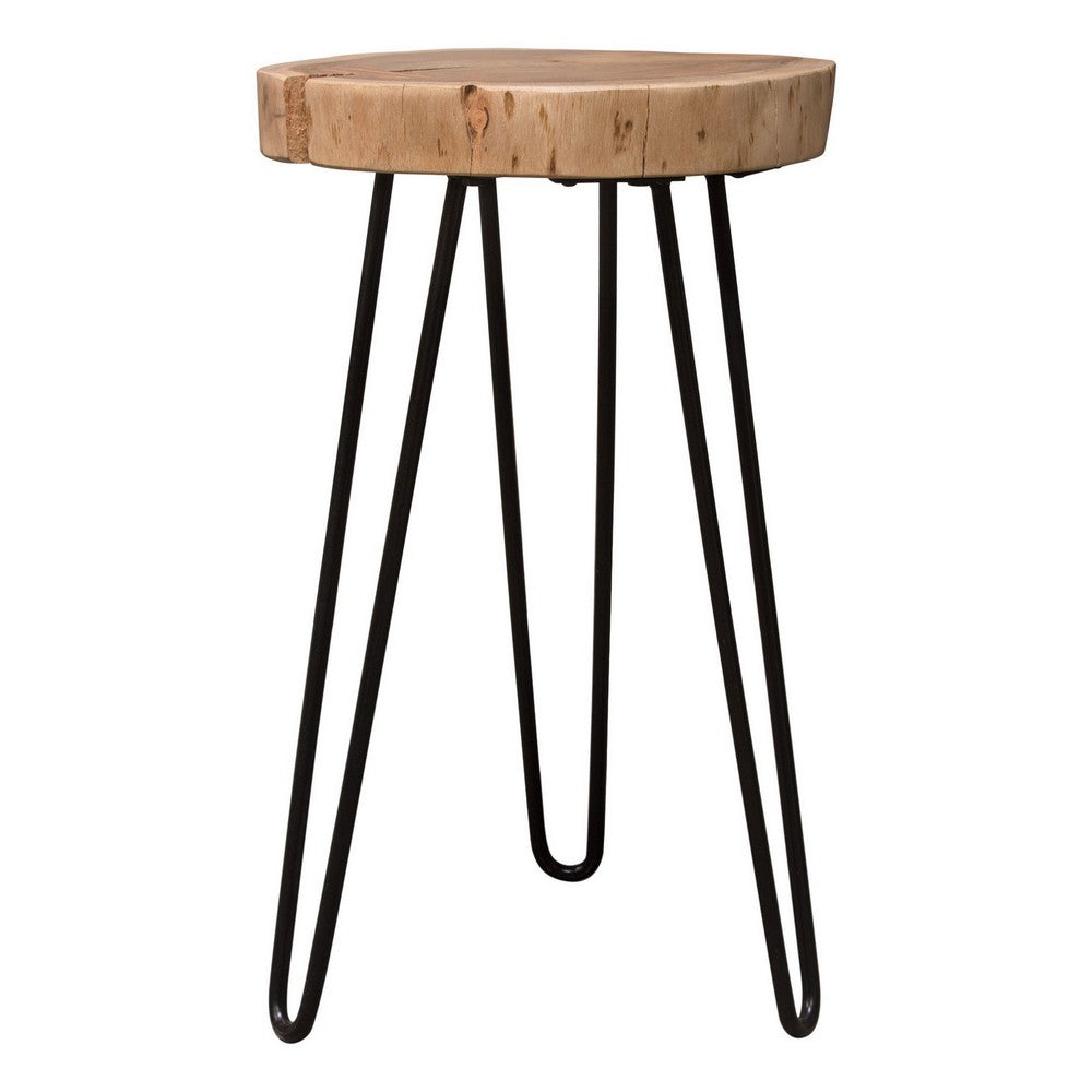 23 Inch Side End Table, Hairpin Legs, Natural Brown Acacia Wood, Black Base - BM305050