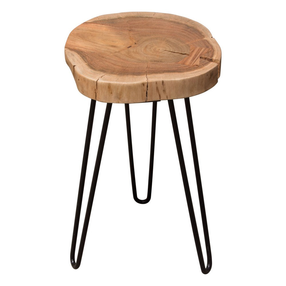 23 Inch Side End Table, Hairpin Legs, Natural Brown Acacia Wood, Black Base - BM305050