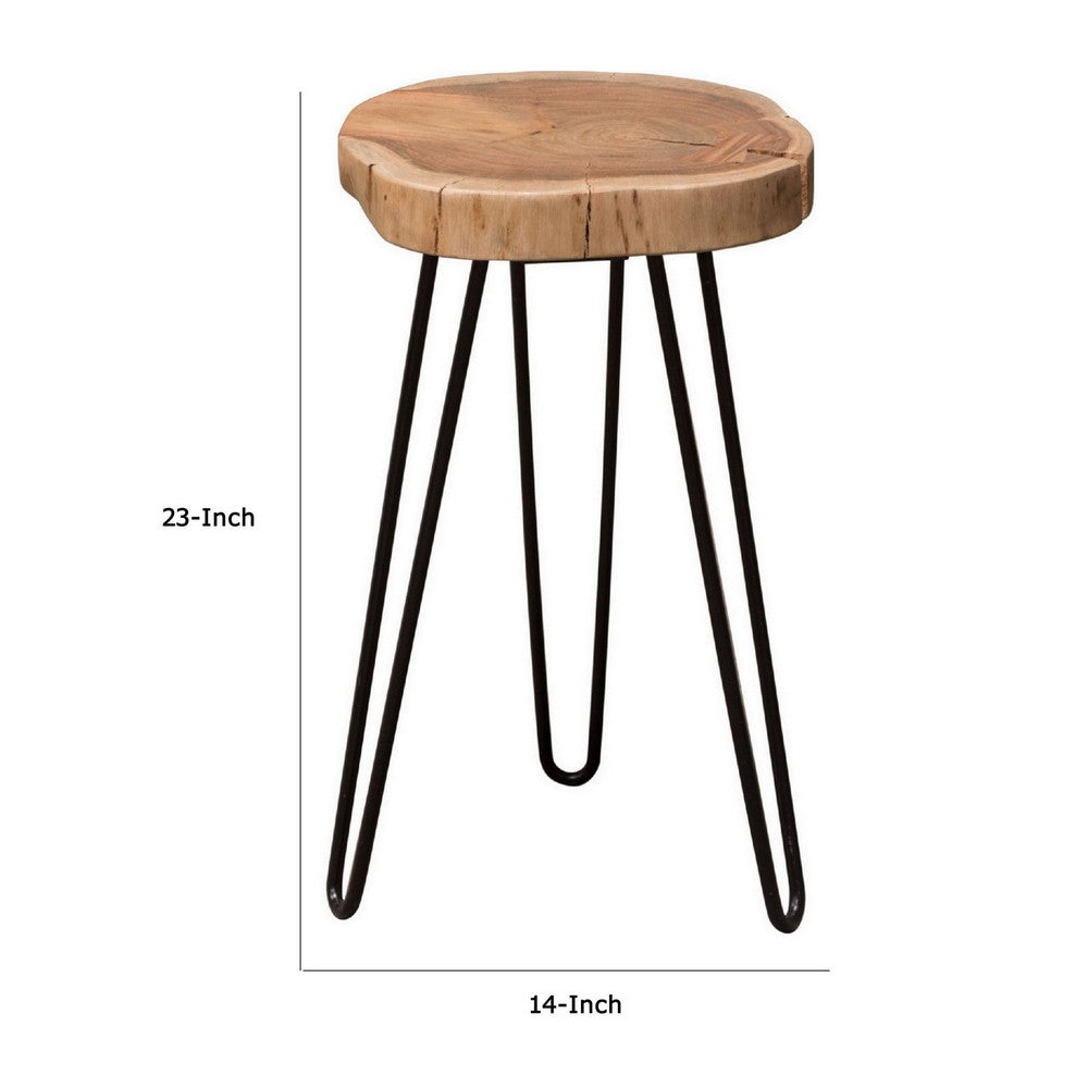 23 Inch Side End Table, Hairpin Legs, Natural Brown Acacia Wood, Black Base - BM305050