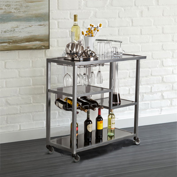 Contemporary Style Metal Bar Cart With Tempered Glass Shelves, Gunmetal Gray Black - BM30521