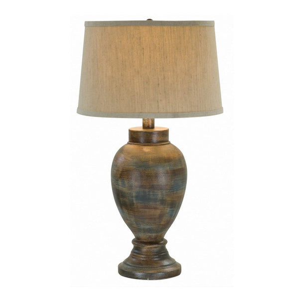 30 Inch Hydrocal Table Lamp, Drum Shade, Classic Urn Base, Brown and Blue - BM305589