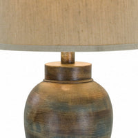 30 Inch Hydrocal Table Lamp, Drum Shade, Classic Urn Base, Brown and Blue - BM305589