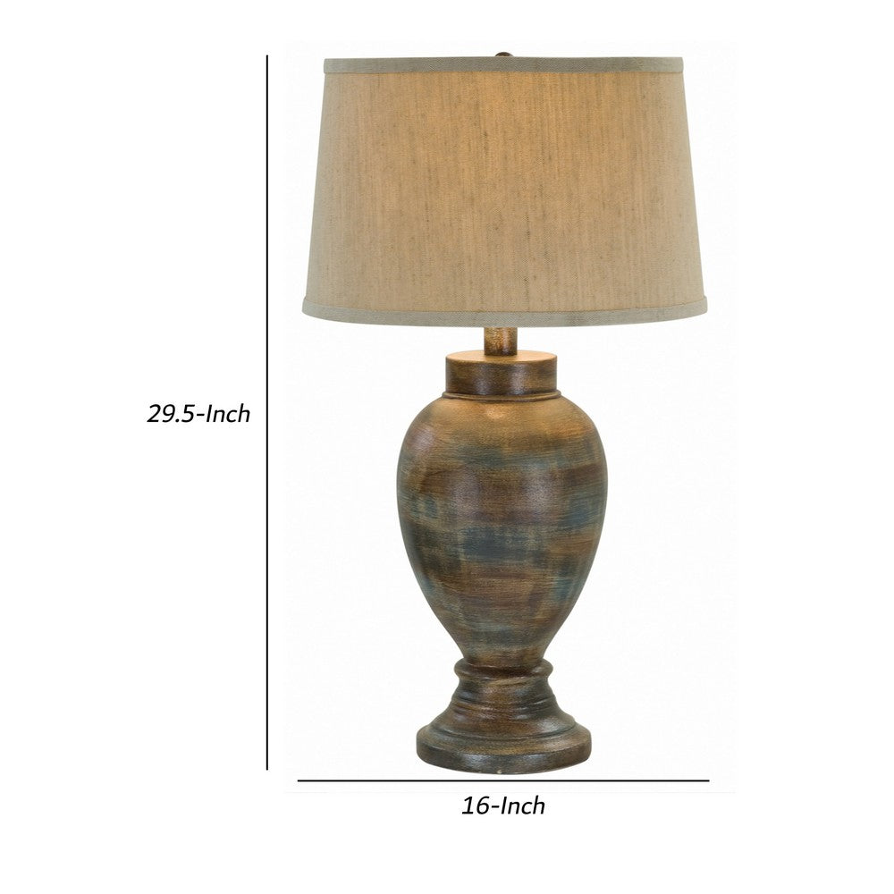 30 Inch Hydrocal Table Lamp, Drum Shade, Classic Urn Base, Brown and Blue - BM305589