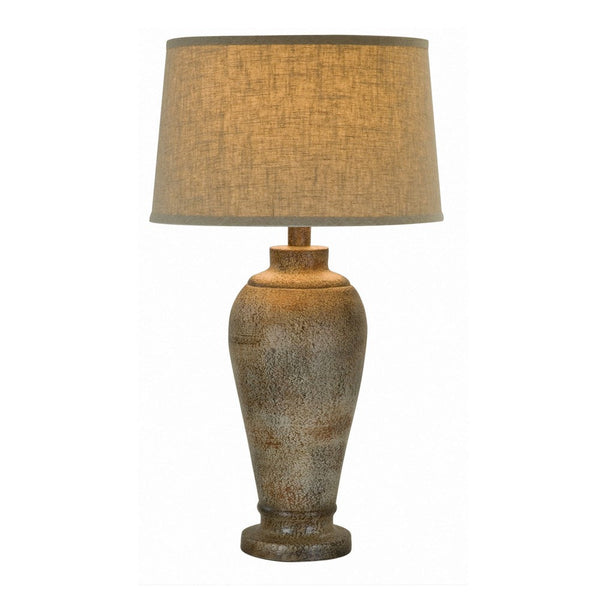 33 Inch Hydrocal Table Lamp, Brown Drum Shade, Textured Urn Shaped Base - BM305590