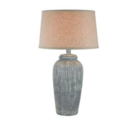 Leni 31 Inch Hydrocal Table Lamp, Drum Shade, Blue Gray Tall Urn Base  - BM305591