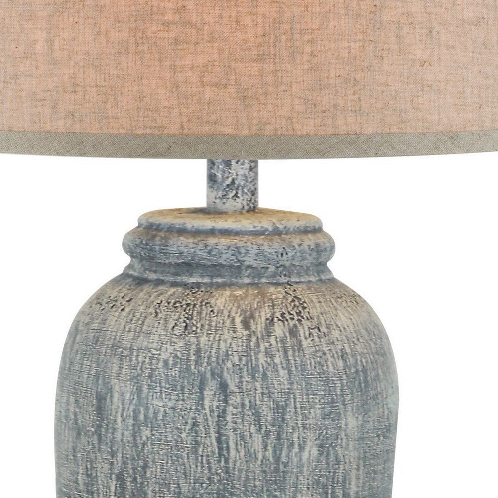 Leni 31 Inch Hydrocal Table Lamp, Drum Shade, Blue Gray Tall Urn Base  - BM305591