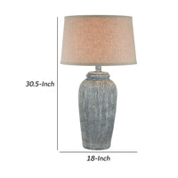 Leni 31 Inch Hydrocal Table Lamp, Drum Shade, Blue Gray Tall Urn Base  - BM305591