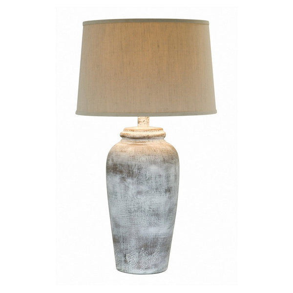 Leni 31 Inch Hydrocal Table Lamp, Drum Shade, Stone White Urn Shaped Base - BM305596