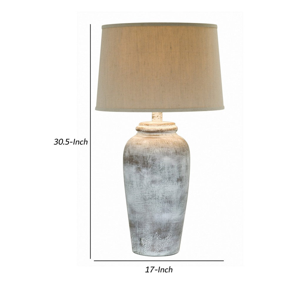 Leni 31 Inch Hydrocal Table Lamp, Drum Shade, Stone White Urn Shaped Base - BM305596