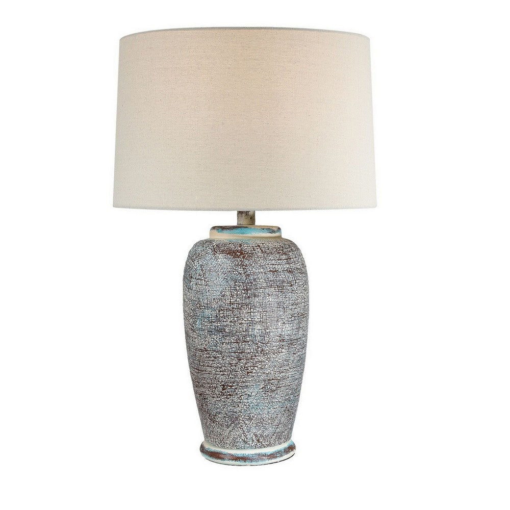 Alin 29 Inch Hydrocal Table Lamp, Drum Shade, Urn Shaped Base, Misty Sky - BM305602